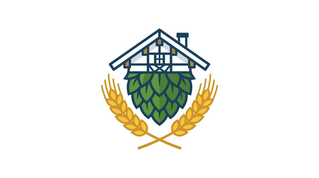 Minimalist flat design 2D icon of a traditional Bavarian alpine chalet roof with white edelweiss flower and blue sky elements representing Oktoberfest Germany festival tourism and alpine cul