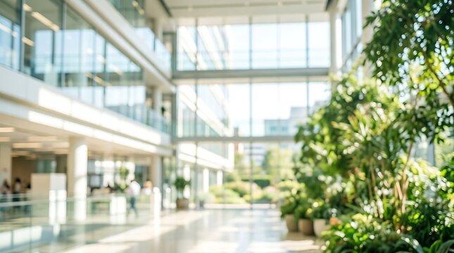 Modern office building interior with glass walls and indoor greenery
