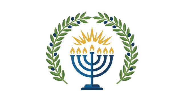 Minimalist flat design 2D icon of a traditional Hanukkah menorah with nine lit candles beneath an olive branch symbolizing peace and religious celebration in soft solid colors on a clean whi