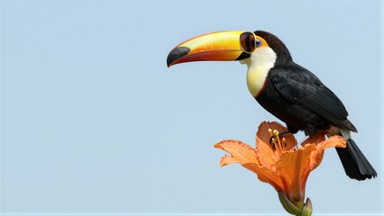 Fototapeta premium Vibrant toucan perches gracefully on an orange flower against a soft blue sky.