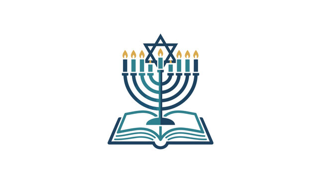 Minimalist flat design 2D icon of an open holy book beneath a traditional Hanukkah menorah symbolizing Jewish religious celebration and festival of lights with white space for clean branding