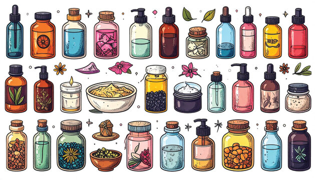 Colorful bottles of herbal medicine.