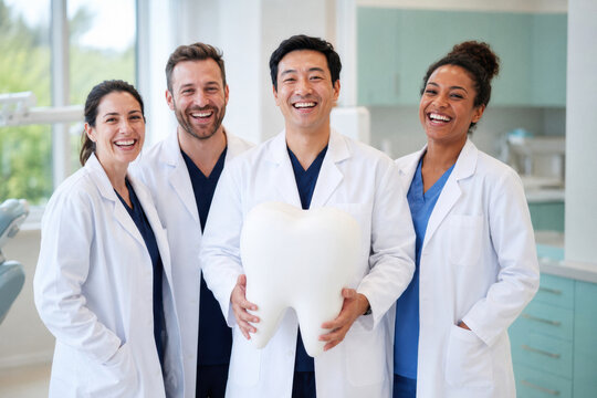 A dental team consisting of four professionals smiles while holding a large tooth model in a bright clinic. Teamwork and patient care.