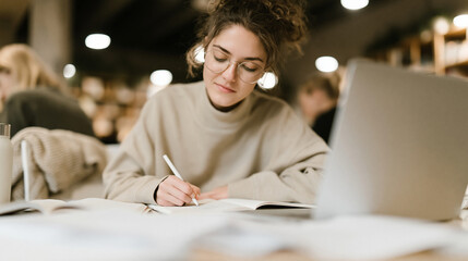 Naklejka premium Young woman filling out a questionnaire at a study table pen in hand notebook laptop with blank screen uneven papers reusable bottle sweater on chair soft indoor light