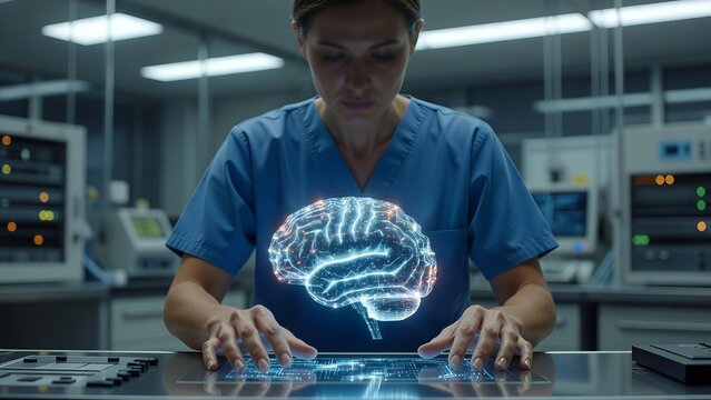 Female healthcare professional in blue scrubs operating a futuristic holographic brain interface, combining medicine and advanced technology in a modern clinical research laboratory setting
