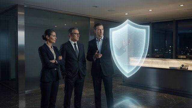 Group of anonymous corporate executives standing in a high tech digital environment next to a large glowing shield icon, representing cybersecurity, data protection, and secure business solutions.