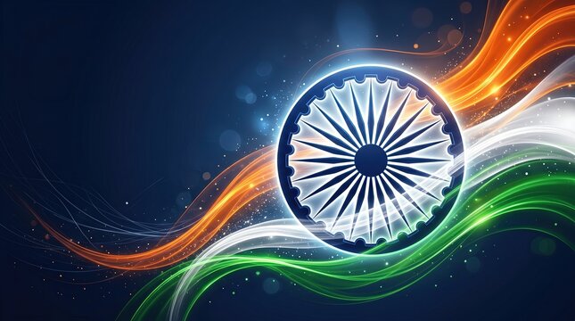 Vibrant abstract digital art with a glowing ashoka chakra and flowing indian flag colors, celebrating 79th india independence day.