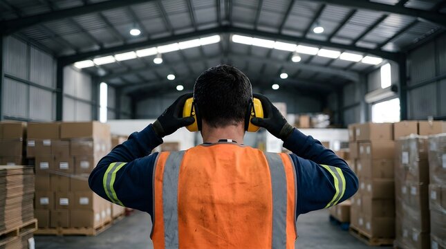 Warehouse worker wearing high visibility orange safety vest and protective ear muffs in industrial facility