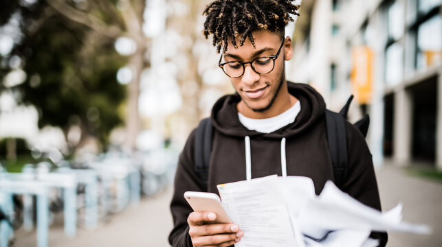 Young student walking outside a generic learning campus while checking a paper map and smartphone with blank screen backpack slightly open loose papers moving in the wind