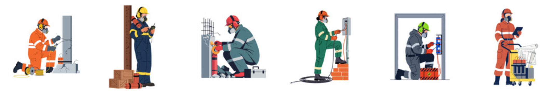 Set of flat illustrations featuring demolition experts in protective gear handling explosives and detonation equipment for industrial and construction projects.