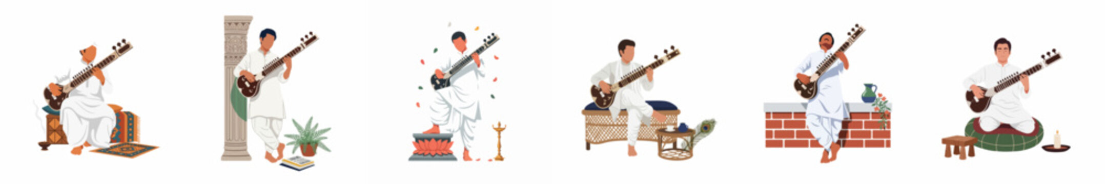 Set of illustrations featuring an Indian musician playing the sitar in various traditional poses and settings, wearing elegant white ethnic attire.
