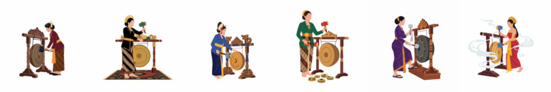 Flat vector illustrations of Indonesian women in traditional kebaya playing large gongs, representing Javanese and Balinese culture.