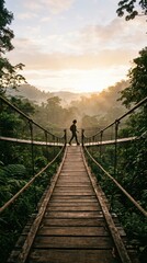Fototapeta premium Man walking on a wooden suspension bridge in a lush green forest at sunrise.