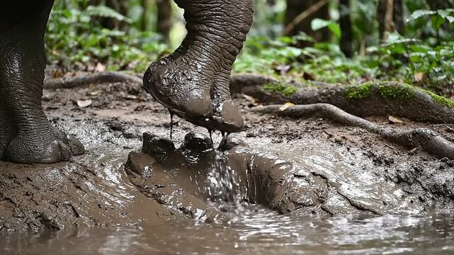 Javan Rhinoceros Stepping Through Thick Mud in Natural Habitat with Splashes and Dense Green Background