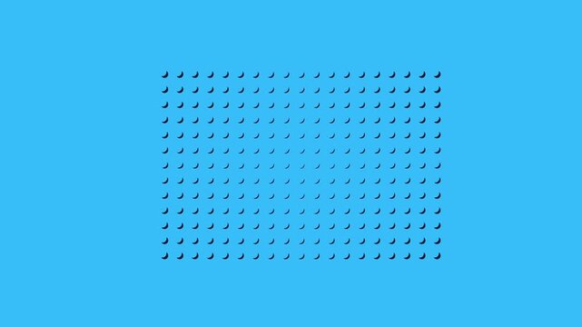 Abstract crescent shapes arranged in a clean grid formation ripple with a subtle wave motion on a solid blue background in this minimalistic 3D animation loop