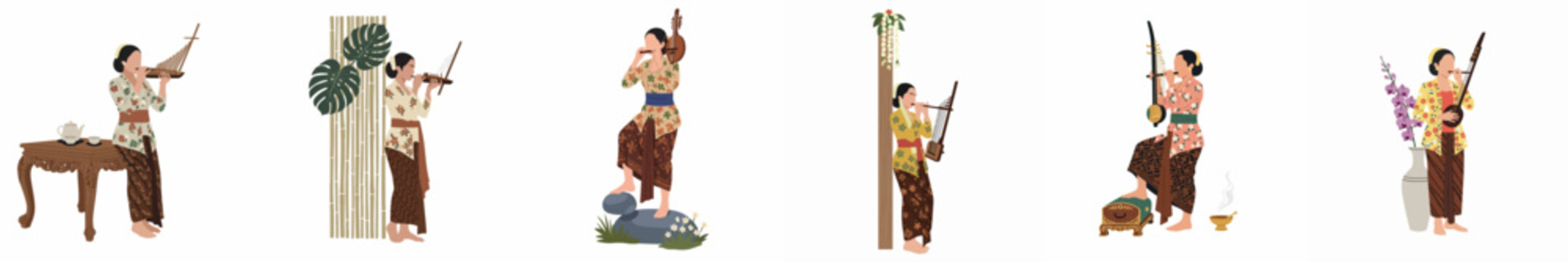 Set of illustrations depicting Indonesian women in traditional kebaya playing traditional musical instruments, showcasing Javanese culture and heritage on a white background.