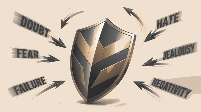 Robust protective shield deflecting sharp arrows and harmful elements, clean flat vector illustration conceptualizing safety, digital security, and strong emotional boundaries in modern life.
