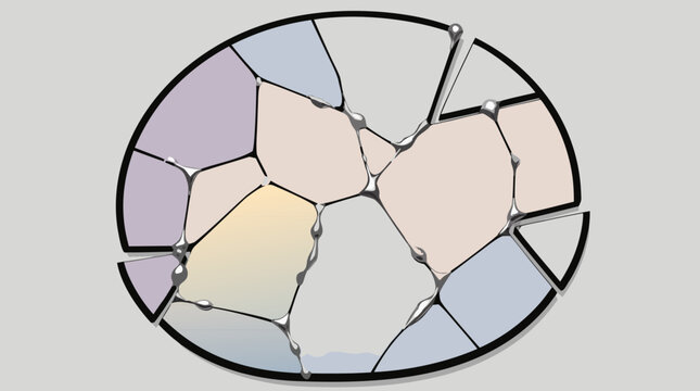 Abstract flat vector illustration of a broken glass mirror being carefully glued back together on a light background, symbolizing healing, restoration, mental health, and personal growth.