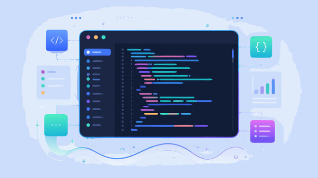 Modern Minimalist Abstract Programming Code Window Interface with Software Development Elements and Clean Script Editor UI Layout Design, Flat Vector Illustration for Coding and Technology