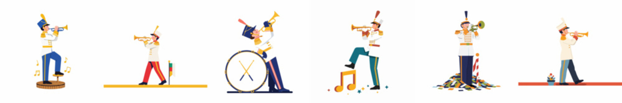 Set of diverse marching band musicians and military band performers playing brass instruments and drums in colorful parade uniforms.
