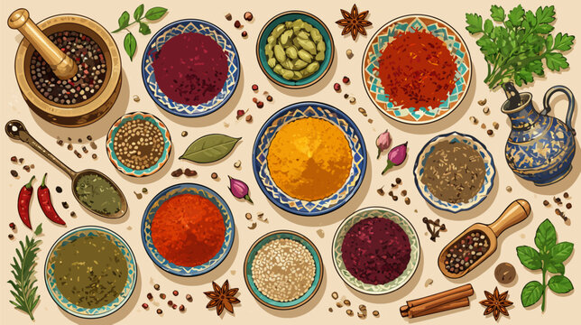 Artistic flat lay composition showcasing a variety of aromatic Middle Eastern cooking spices in bowls, exotic herbs and powders for culinary excellence, detailed flat vector illustration design.