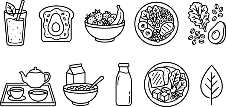 Healthy vegan breakfast and organic food line icon set featuring green smoothie avocado toast fruit bowl salad tea tray cereal milk bottle tofu platter and leaf outline.