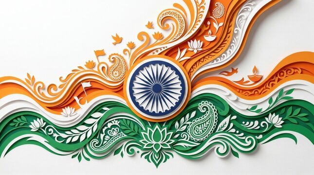 Vibrant paper-cut indian flag art with ashoka chakra, celebrating the 79th independence day on a clean white background.