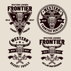 Naklejka premium Set of western emblems with bull skull and crossed pistols, vintage engraving style vector illustration perfect for cowboy, rodeo, and ranch branding