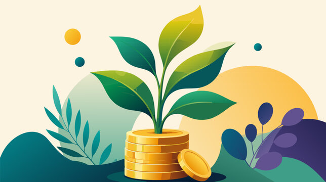Conceptual flat vector illustration of a green plant growing out of a stack of gold coins, representing financial growth, investment success, sustainable wealth, and economic prosperity.