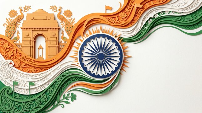 Vibrant 3d paper cut style indian flag with ashoka chakra and india gate, celebrating 79th independence day on white.