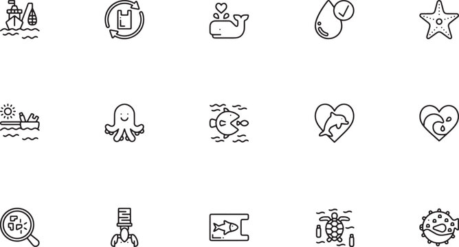 Marine life, ocean animals, and miscellaneous outline vector icon set