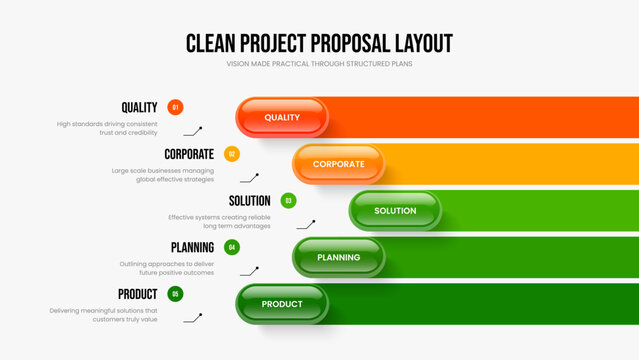 Consulting Strategy Five Option Infographic Slide Layout. Visual Report 5 Step Diagram Frame Design. Product Launch Presentation Template Vector Illustration.