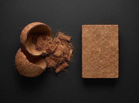 Sustainable Coconut Coir Fiber and Compressed Coco Peat Block on Black Background