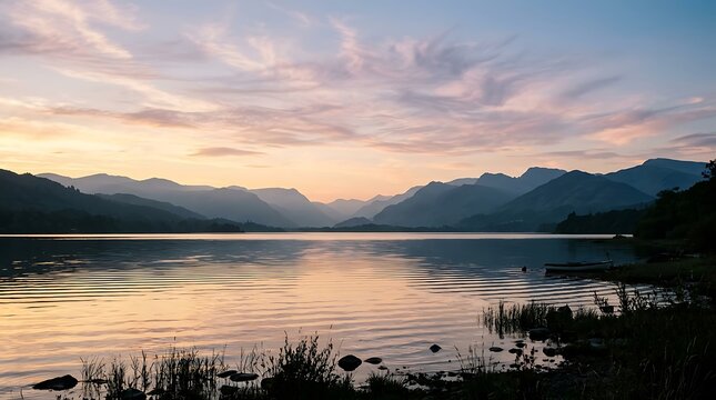 Serene sunset over a calm lake surrounded by majestic mountains in the lake district, england