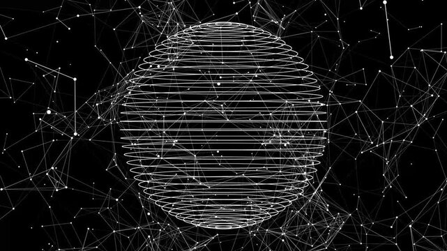Visualization of big data using a three-dimensional geometric sphere and digital connections. The concept of artificial intelligence with a rotating skeleton globe and a neural network.