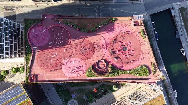 Bird's-eye view of Konditaget Luders red rooftop playground, Copenhagen, Denmark