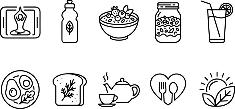 Healthy yoga fitness breakfast and morning wellness nutrition line icon set featuring oatmeal teapot avocado toast vector illustration