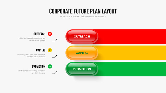 Financial Overview Presentation Layout Vector Illustration. Sales Launch 3 Step Infographic Slide Template. Corporate Introduction Three Element Diagram Slideshow Design.