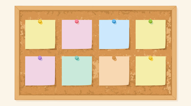 Blank sticky notes organized neatly on a textured cork board for planning and task management, flat vector illustration for office brainstorming and creative project organization concepts.