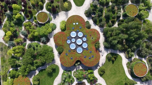 Top-down view of Opera Park pavilion green roof, Copenhagen city, Denmark