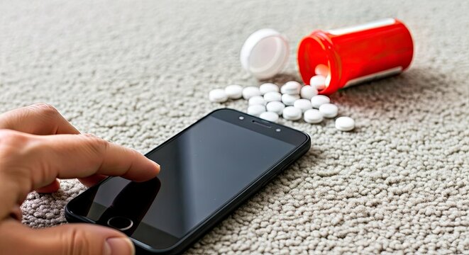Hand Holding Smartphone Near Spilled Pills and Open Medication Bottle on Carpet