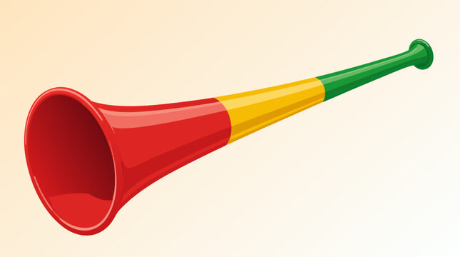Traditional loud vuvuzela stadium horn in a vibrant flat vector illustration, perfect for soccer fans, world cup celebrations, sporting events, noise making tools, and cheering equipment.