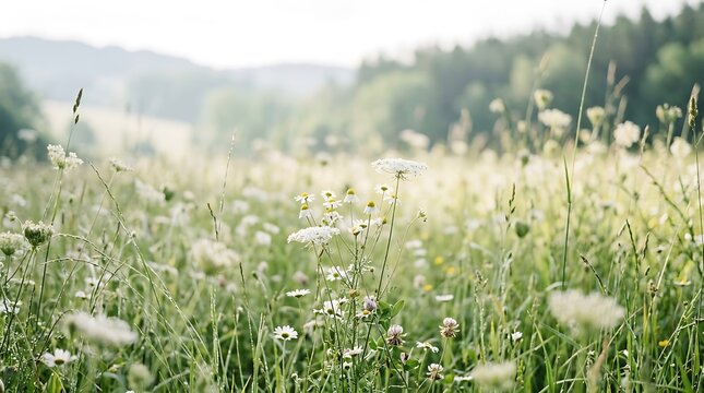 Beautiful summer meadow with wildflowers and tall grass in the morning light
