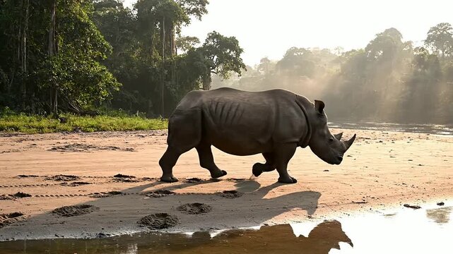 Javan Rhinoceros Walking Along Sandy Riverbank Beside Dense Forest in Golden Morning Light