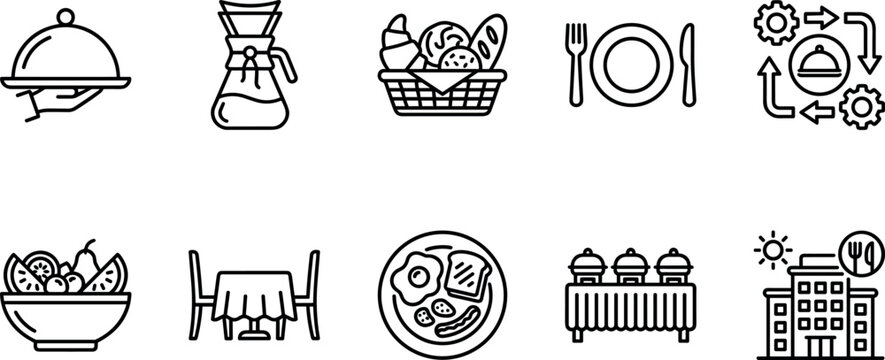 Hotel buffet breakfast and luxury catering service line icon set featuring server tray cloche basket food table vector