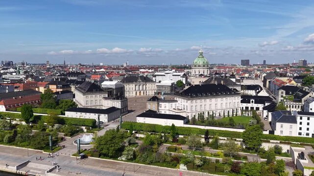 Drone shot of Amalienborg Palace and Frederik's Church dome, Copenhagen, Denmark