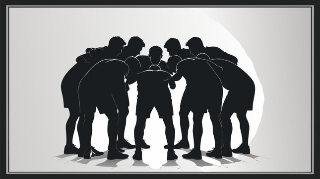 Silhouetted team of determined athletes in a focused huddle before a competitive match, flat vector illustration for sports motivation, teamwork, leadership, championship spirit, and cooperation.