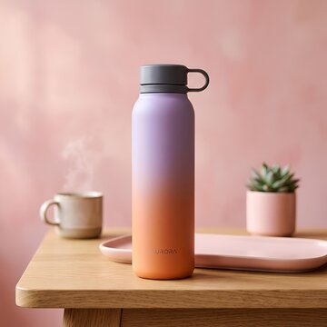 Gradient Water Bottle with Steaming Cup and Potted Plant on Wooden Table
