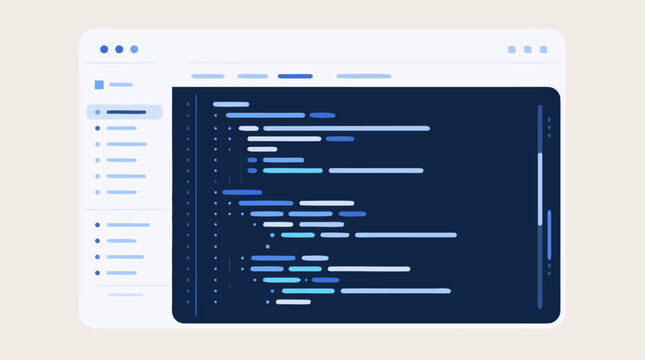 Minimalist Flat Vector Illustration of a Programming Code Window Interface with Abstract Syntax Highlighting, Representing Software Development, Web Coding, Technology, and Digital Innovation.
