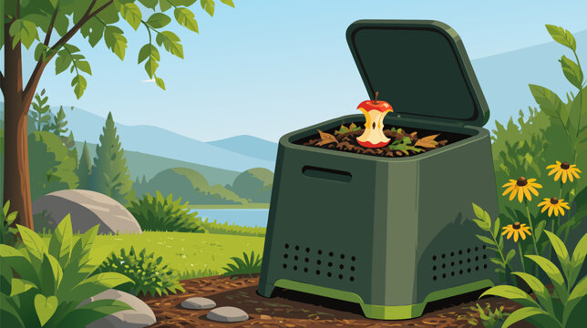 Sustainable waste management concept featuring a green compost bin filled with organic scraps and an apple core, flat vector illustration promoting environmental awareness and recycling efforts.